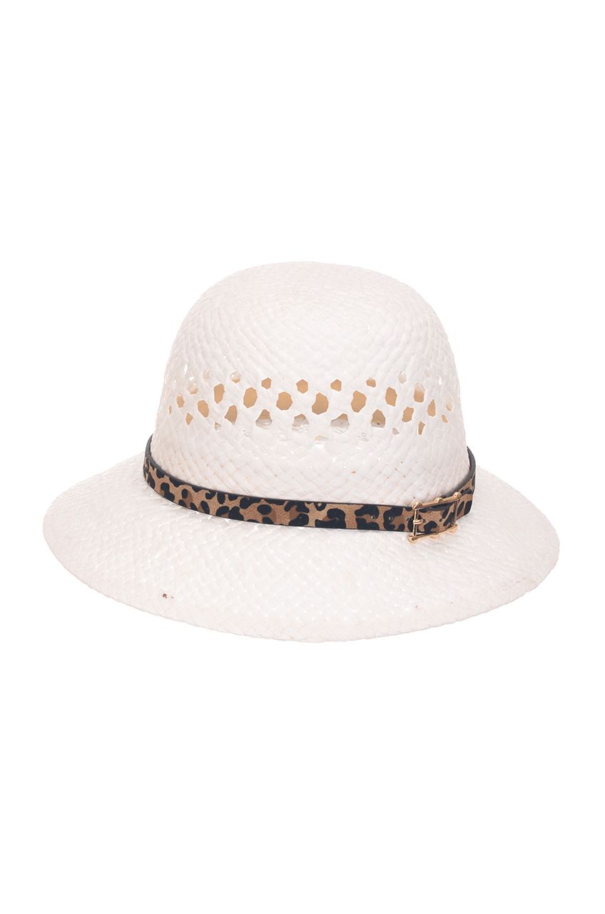 Оптом - Шляпа из натуральной соломы, с леопардовым ремешком, поле 6 (см) - B684 - domopta.ru