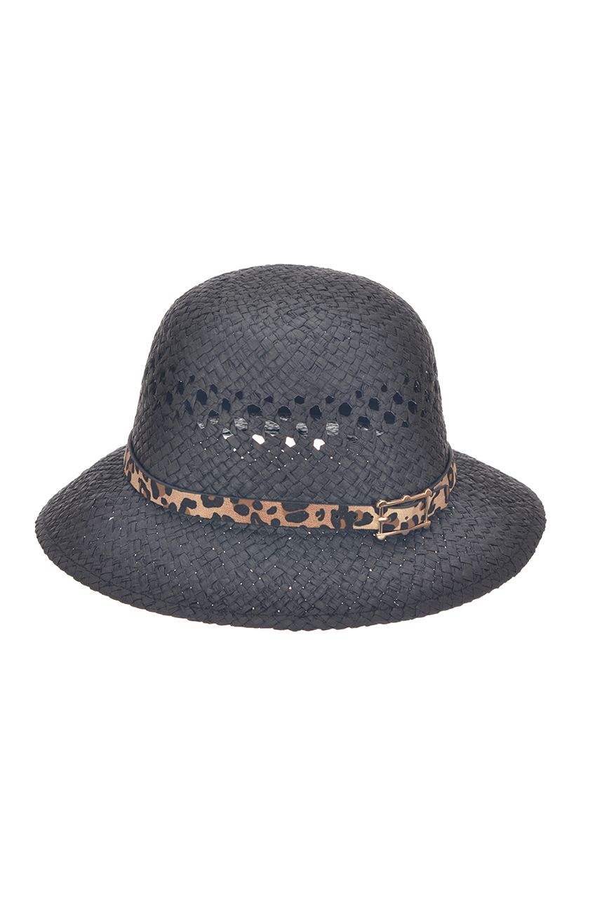 Оптом - Шляпа из натуральной соломы, с леопардовым ремешком, поле 6 (см) - B684 - domopta.ru
