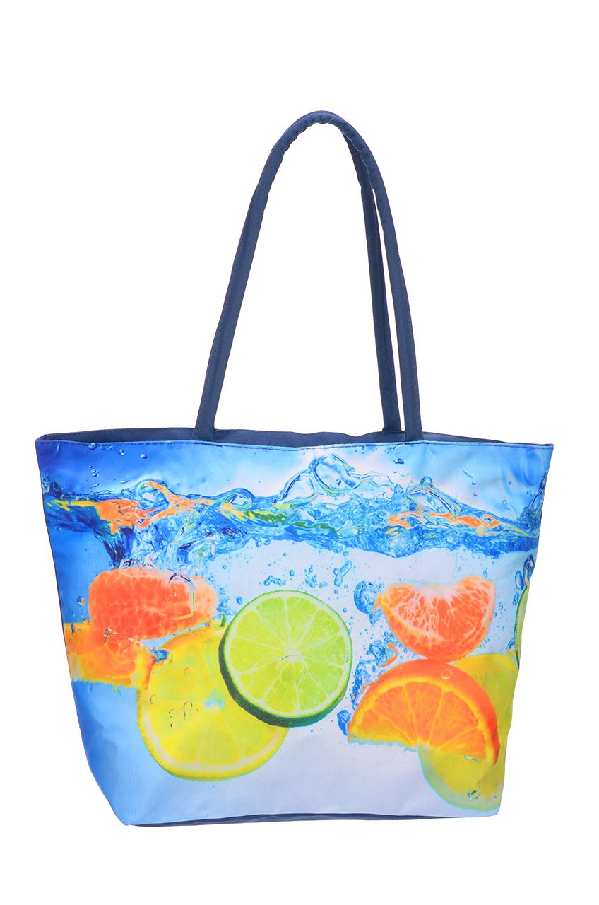 Оптом - Сумка пляжная, на молнии, рисунок фрукты, из водоотталкивающей ткани, с внутренним карманом, тканевые ручки - F371-10 - domopta.ru