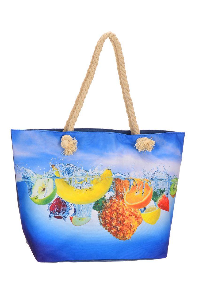 Оптом - Сумка пляжная, на молнии, рисунок фрукты, из водоотталкивающей ткани, с внутренним карманом, ручки канаты - F372-11 - domopta.ru